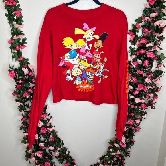 Nickelodeon 90s Cartoons Red Cropped Long Sleeve Graphic Shirt Womens Medium - Picture 2 of 9